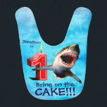 Great White Shark First Birthday Baby Bib<br><div class="desc">First birthdays are always special. Make it more special with this fun great white shark design saying "Bring on the cake!!!"</div>