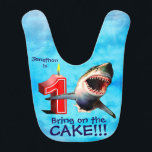 Great White Shark First Birthday Baby Bib<br><div class="desc">First birthdays are always special. Make it more special with this fun great white shark design saying "Bring on the cake!!!"</div>