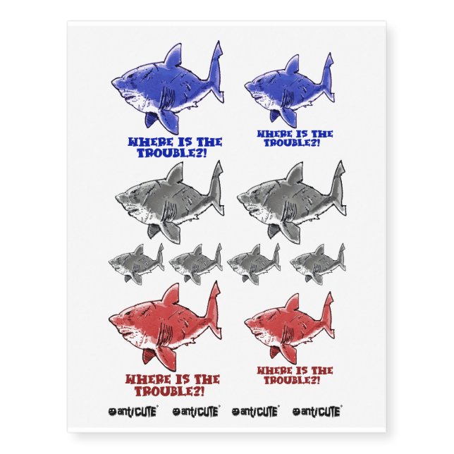great white shark funny cartoon temporary tattoos (Front)