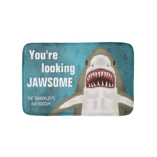 Great White Shark Funny Jawsome Pun Personalized Bath Mat (Front)