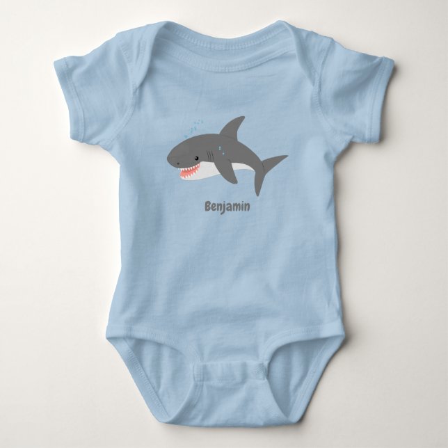 Great white shark happy cartoon illustration baby bodysuit (Front)