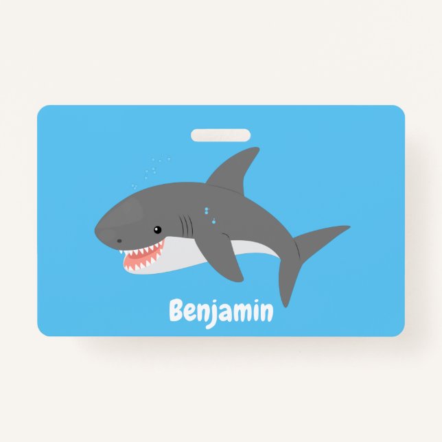 Great white shark happy cartoon illustration badge (Front)