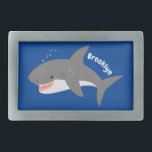 Great white shark happy cartoon illustration belt buckle<br><div class="desc">A happy,  hungry great white shark is swimming in the ocean. Drawn in cute cartoon illustration style for a fun day!</div>