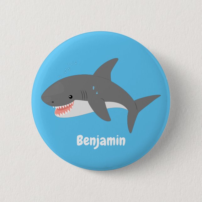 Great white shark happy cartoon illustration button (Front)