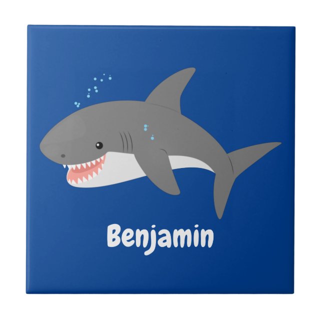 Great white shark happy cartoon illustration ceramic tile (Front)