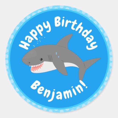 Great white shark happy cartoon illustration classic round sticker