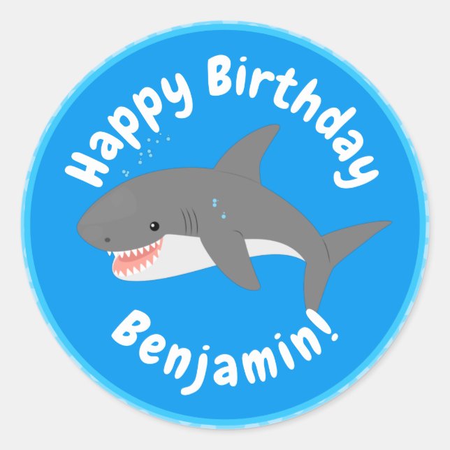 Great white shark happy cartoon illustration classic round sticker (Front)
