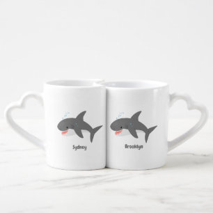 Great white shark happy cartoon illustration coffee mug set