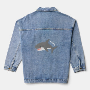 Great white shark happy cartoon illustration  denim jacket
