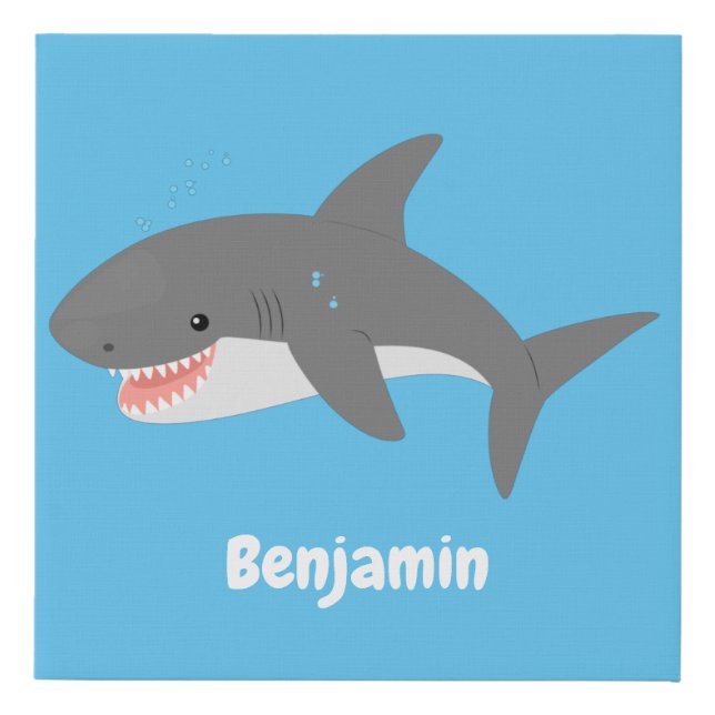 Great white shark happy cartoon illustration faux canvas print (Front)