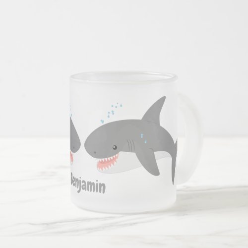 Great white shark happy cartoon illustration frosted glass coffee mug