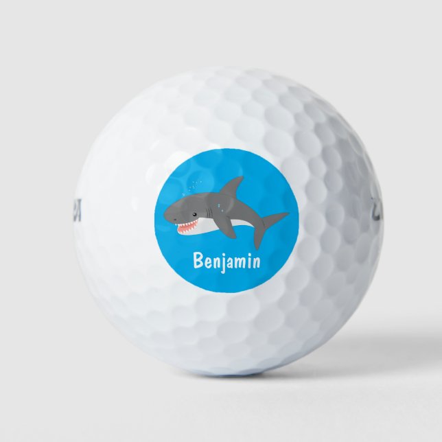 Great white shark happy cartoon illustration golf balls (Front)