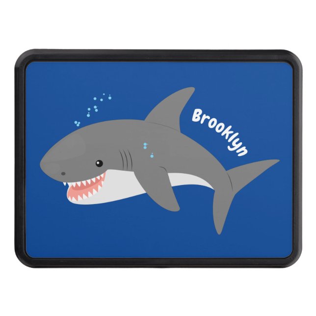 Great white shark happy cartoon illustration hitch cover (Front)