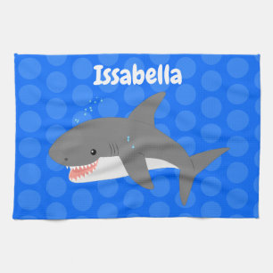 Great white shark happy cartoon illustration kitchen towel