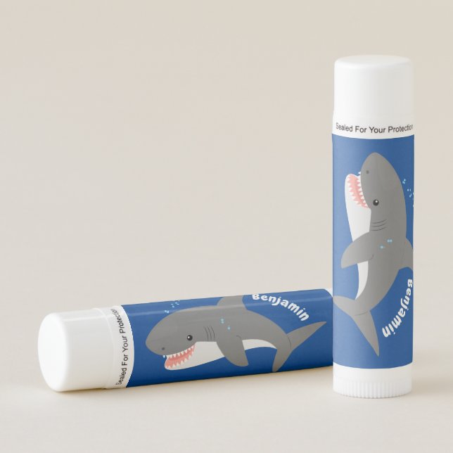 Great white shark happy cartoon illustration lip balm (Front)