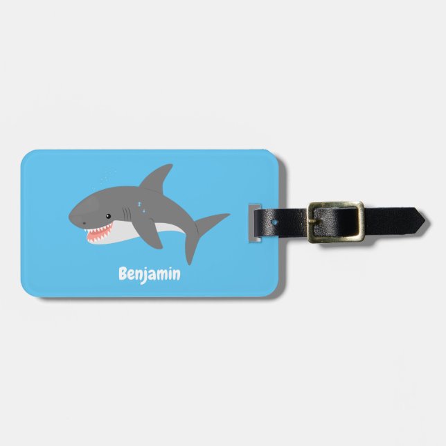 Great white shark happy cartoon illustration luggage tag (Front Horizontal)