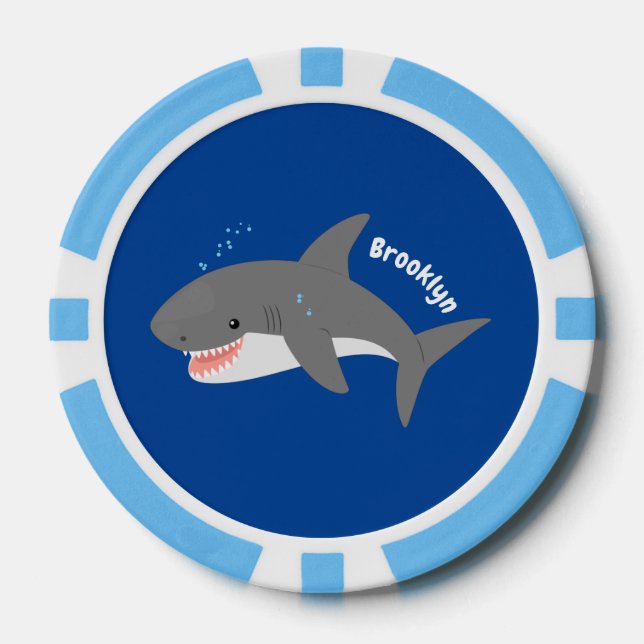 Great white shark happy cartoon illustration  poker chips (Front)