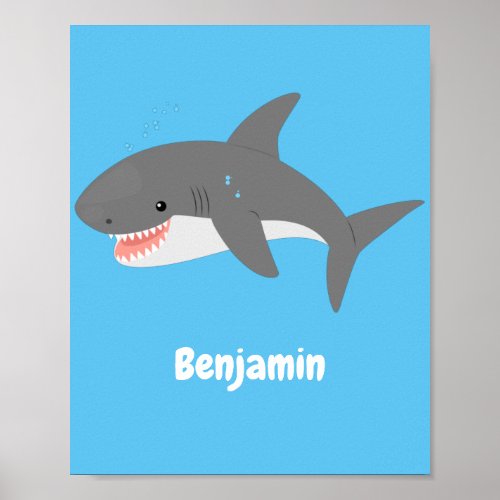 Great white shark happy cartoon illustration poster