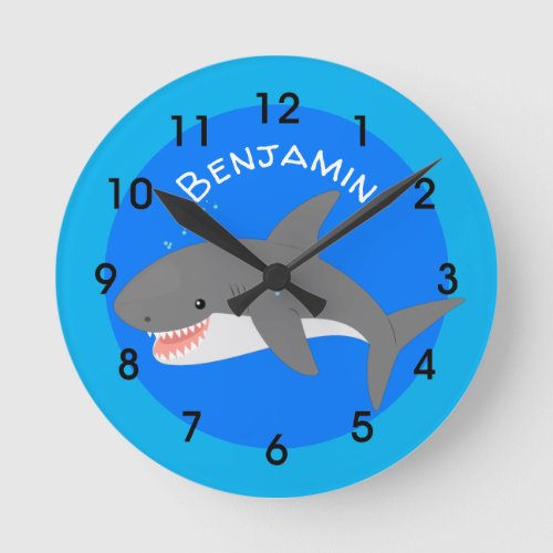 Great white shark happy cartoon illustration round clock