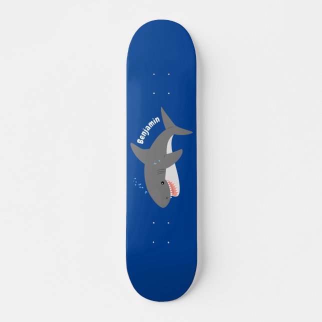 Great white shark happy cartoon illustration skateboard (Front)