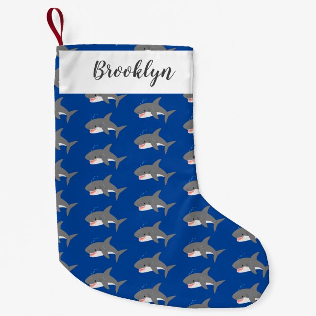 Great white shark happy cartoon illustration small christmas stocking (Front)