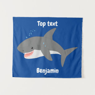 Great white shark happy cartoon illustration  tapestry