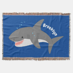 Great white shark happy cartoon illustration throw blanket