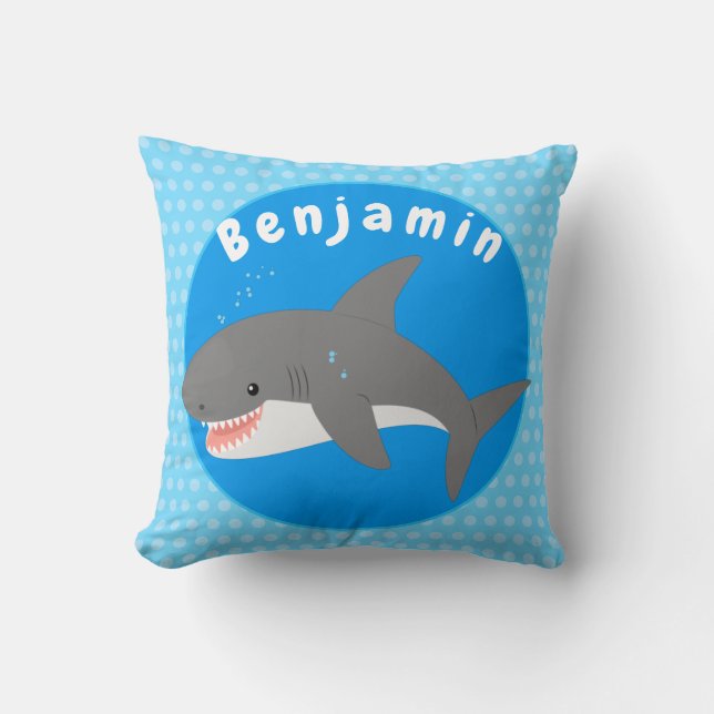 Great white shark happy cartoon illustration throw pillow (Front)