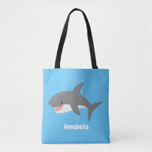 Great white shark happy cartoon illustration tote bag