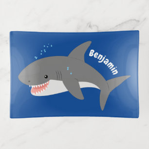 Great white shark happy cartoon illustration trinket tray