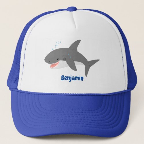 Great white shark happy cartoon illustration trucker hat