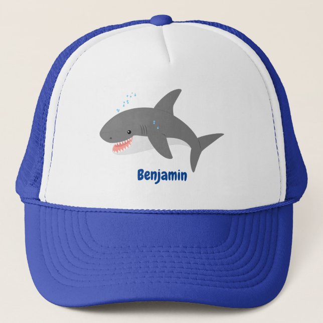 Great white shark happy cartoon illustration trucker hat (Front)