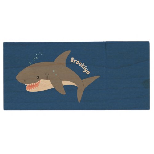 Great white shark happy cartoon illustration wood flash drive