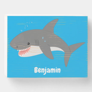 Great white shark happy cartoon illustration wooden box sign