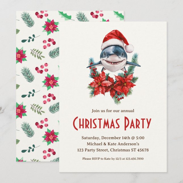 Great White Shark in a Santa Hat Christmas Party Invitation (Front/Back)
