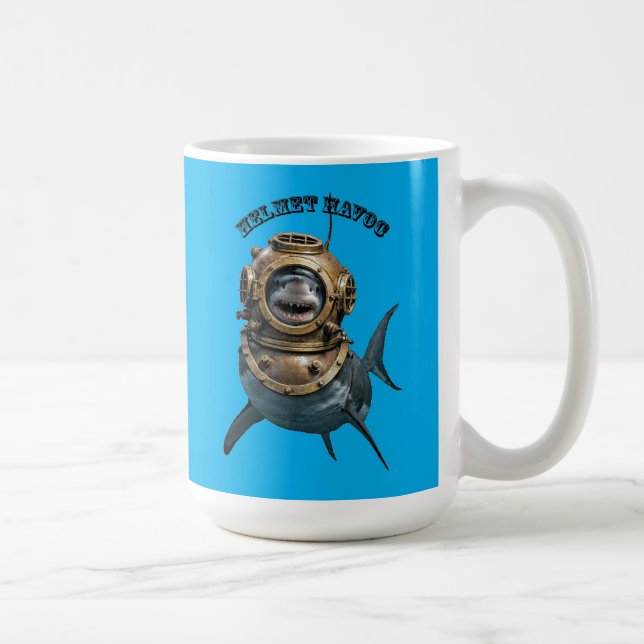 Great White Shark Inside of a Diving Helmet URM Coffee Mug (Right)