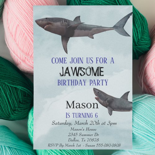 Great White Shark Jawsome Childs Birthday Invitation