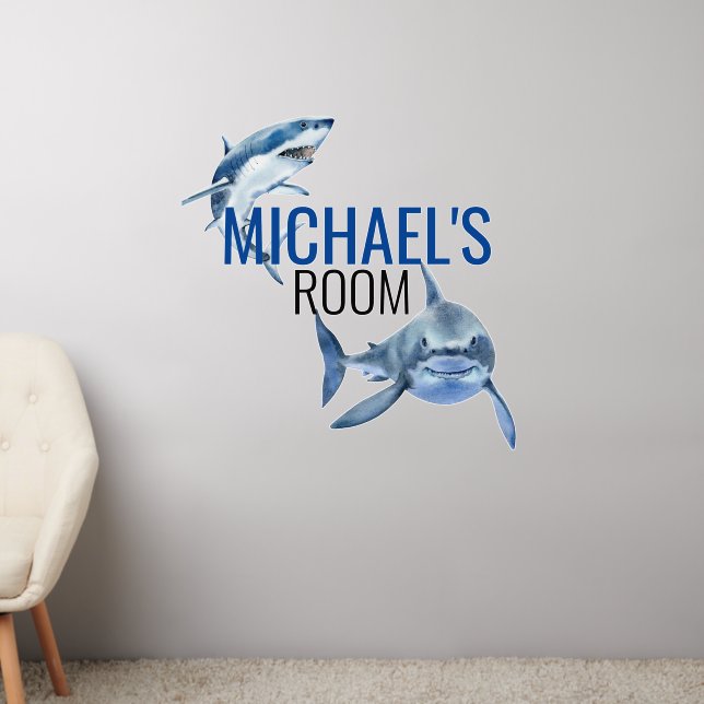 Great White Shark Kid's Room Personalized  Wall Decal (Living Room 2)
