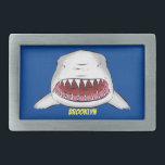 Great white shark mean cartoon illustration belt buckle<br><div class="desc">A mean great white shark cartoon comic style illustration for ocean fun.</div>