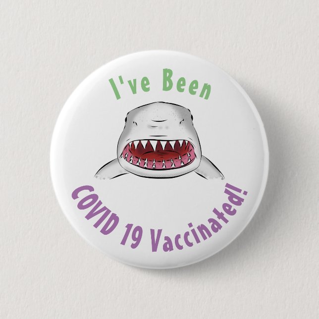 Great white shark mean cartoon illustration button (Front)