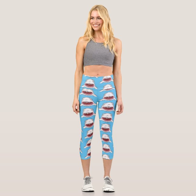 Great white shark mean cartoon illustration capri leggings (Front)