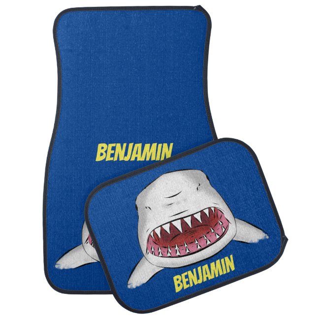 Great white shark mean cartoon illustration  car floor mat (Set)