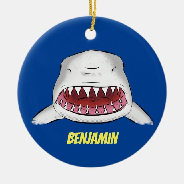 Great white shark mean cartoon illustration ceramic ornament (Front)