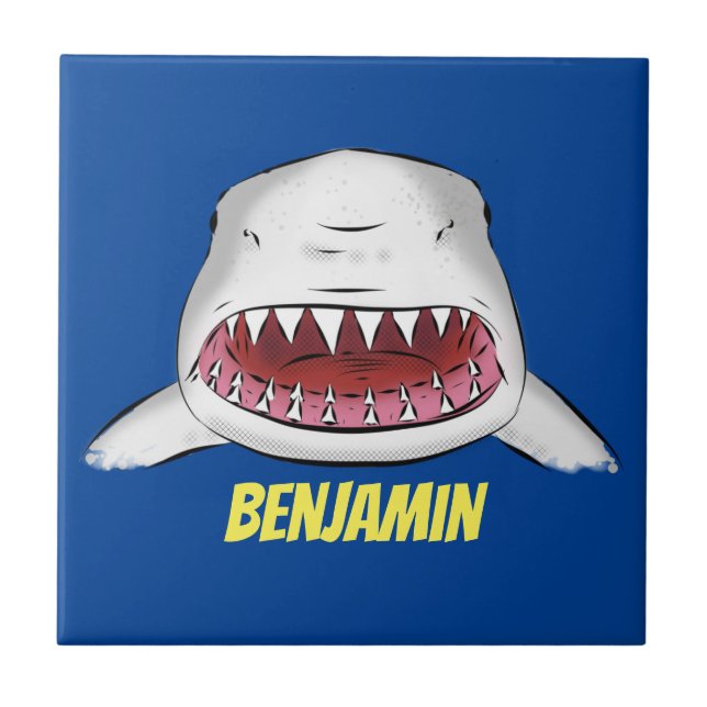 Great white shark mean cartoon illustration ceramic tile (Front)