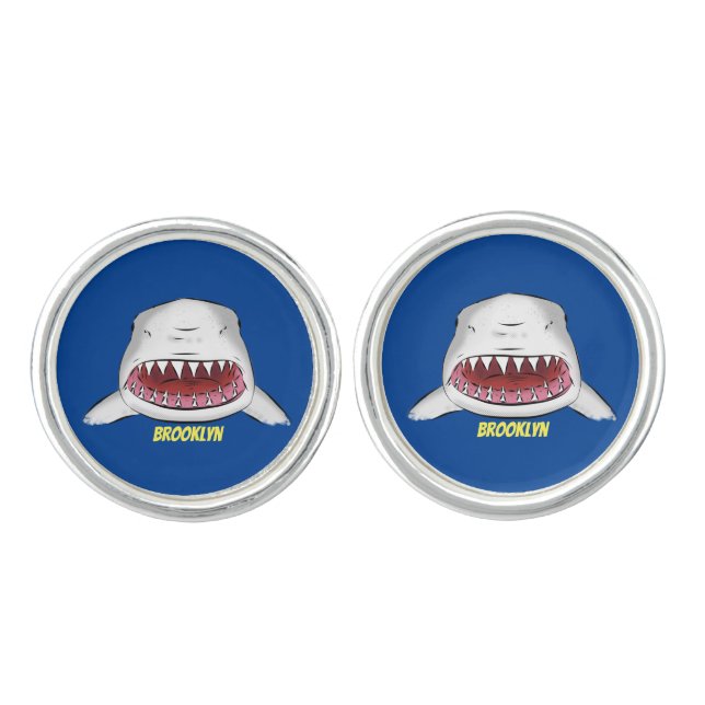 Great white shark mean cartoon illustration cufflinks (Front)