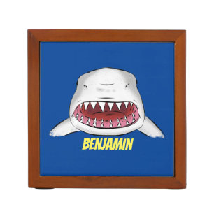 Great white shark mean cartoon illustration desk organizer