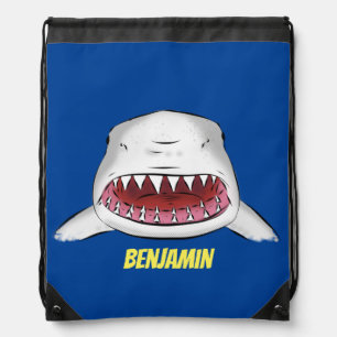 Great white shark mean cartoon illustration drawstring bag