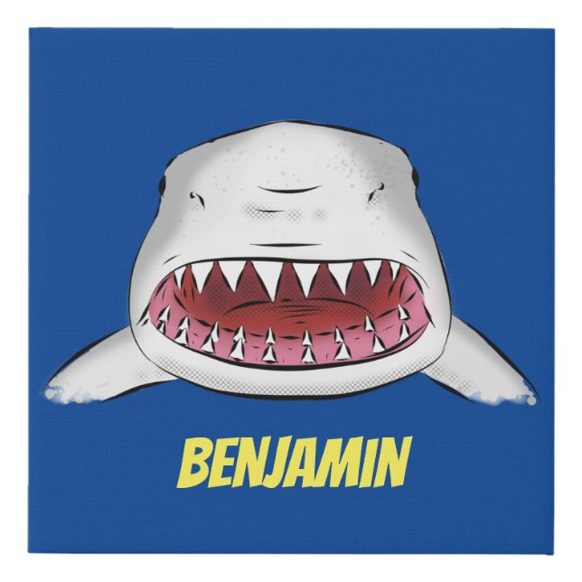 Great white shark mean cartoon illustration faux canvas print (Front)