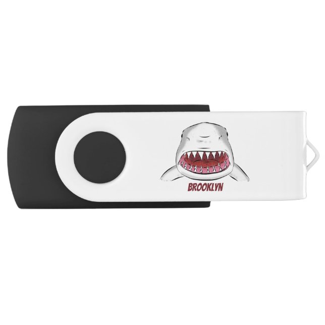 Great white shark mean cartoon illustration flash drive (Front)