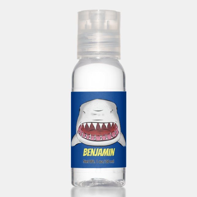 Great white shark mean cartoon illustration hand sanitizer (Front)